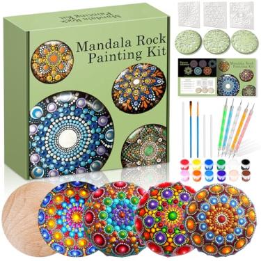Imagem de Kit de pintura de pedra mandala – kit de ferramentas de pontilhamento mandala – 5 pedras grandes de madeira para pintura com suprimentos de estêncil, ferramentas de pontilhamento para pintar rochas