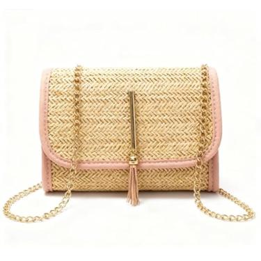 Imagem de Bolsa clutch de corrente de palha para mulheres, bolsa envelope de tecido, bolsa tiracolo de praia, rosa, 7.09 x 5.51 x 2.17 inches