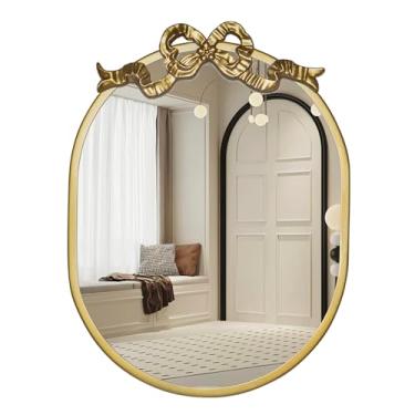 Imagem de SANY DAYO HOME Espelho oval emoldurado de metal dourado de 40,6 cm x 30,5 cm com laço decorativo, espelho moderno de realce de vidro real para penteadeira, banheiro, entrada