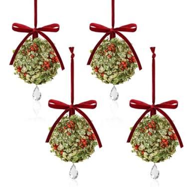 Imagem de 4 peças de decoração de visco de Natal artificial enfeite de cristal pendurado bola de beijo com laço de baga para porta de casa, árvore de Natal, amizade, festa, feriado, arco, decoração de teto