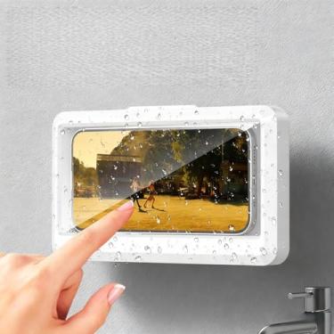 Imagem de Suporte de celular giratório de 360° à prova d'água montado na parede com design de tela sensível ao toque. Compatível com todos os telefones com menos de 17,3 cm de altura. Adequado para banheiros