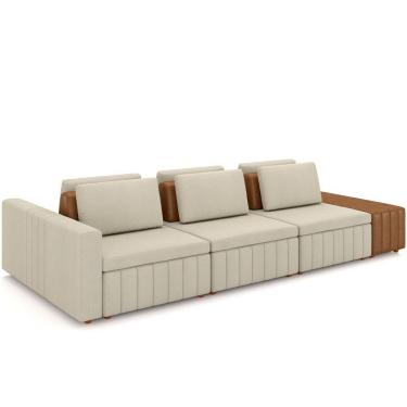 Imagem de Sofá Ilha Com Puff Para Sala Living 365cm Amber M03 Linho Cru Couríssimo Whisky - Lyam Decor