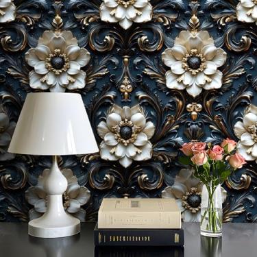 Imagem de iPaste Papel de parede floral barroco vintage dourado azul marinho 44,5 x 203 cm, papel de parede elegante e luxuoso para quarto
