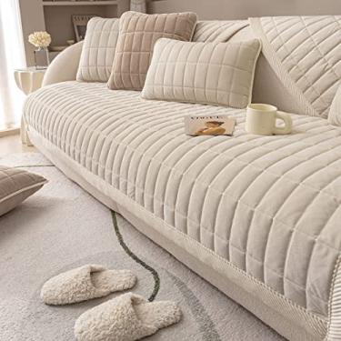 Imagem de vctops Capa de sofá acolchoada xadrez de veludo super macia antiderrapante capa de sofá secional casa de fazenda fofa capa de sofá felpudo protetor de móveis para cães gatos animais de estimação (creme, 71 x 208 cm)