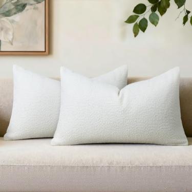 Imagem de QoBexim Conjunto de 2 capas de almofada texturizadas, 30,5 x 50,8 cm, fronhas lisas listradas, aconchegantes, macias, modernas, boêmias, para sofá, cama, sala de estar, decoração de casa, branco
