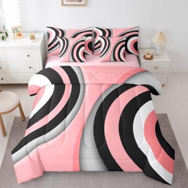 Imagem de Erosebridal Jogo de cama Queen geométrico rosa com círculo, 7 peças, preto, arte moderna, minimalista, simples, conjunto de cama 3D