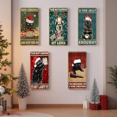 Imagem de 1 peça de placas engraçadas de lata de Natal de animais - decoração de parede humorística de gato e cachorro com mensagens festivas, estilo vintage para casa e escritório, C