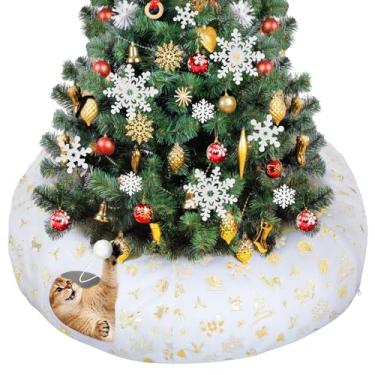 Imagem de Saia para árvore de Natal em túnel para gatos – Cama de rosquinha branca e dourada para gatos, protetor de árvore de Natal para gatos, acessórios para presentes de Natal