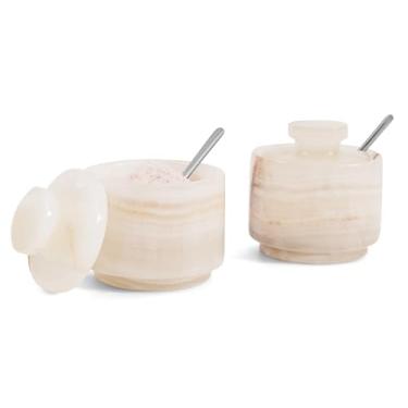 Imagem de Saleiro de mármore com tampa e colher, prato de sal e pimenta ônix branco de 7,6 cm para bancada, açúcar de mármore e tigelas de sal