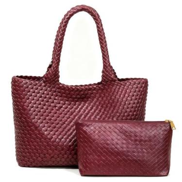 Imagem de Sacola de tecido para mulheres, bolsas de couro vegano feitas à mão com pequena bolsa feita à mão, bolsas grandes de viagem trançadas com alça superior, Vinho tinto