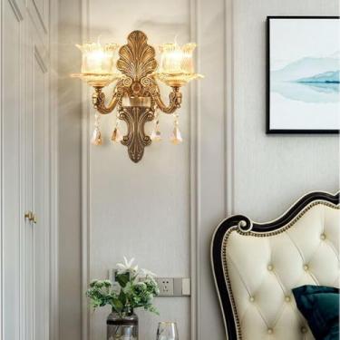 Imagem de Luminária de parede de cristal de luxo europeia, moderna, com LED, para decoração de sala de estar, quarto, escritório, quarto modelo, hotel, casa de campo, corredor (1 peça com 2 lâmpadas).