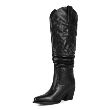 Imagem de Abbleet Botas femininas caubói, cano alto, cano alto, botas de cowgirl, bico fino, estilo caubói, botas de puxar para outono e inverno, Preto, 35