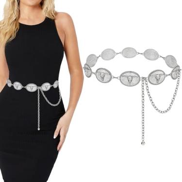 Imagem de LALATCH Cinto feminino Western Metal Concho com corrente de vaqueira para vestidos, jeans, roupa country ocidental, Cinto de corrente prata Longhorn Bull, Fit for Waist up to 52"