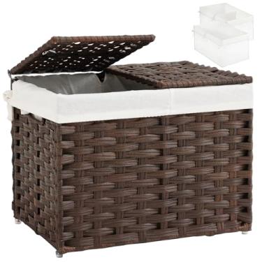 Imagem de SETVSON Cesto de armazenamento com tampa cestas de vime tecidas com 2 tampas separadas, caixas de armazenamento de vime com alças, dobráveis e 2 sacos removíveis para quarto, lavanderia marrom