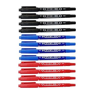 Imagem de barenx Kit de 12 canetas de ponta dupla, caligrafia para escrever marcadores artísticos, material escolar, caneta com gancho, impermeável, preta/azul/vermelha, ilustrações para colorir