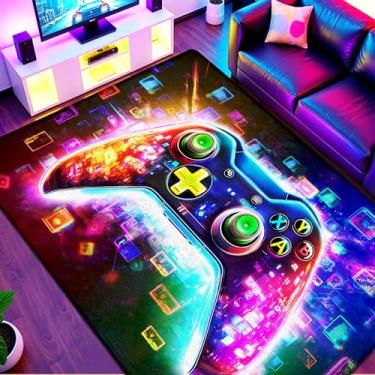 Imagem de Tapete de área de jogos neon de 2,7 x 3,6 m para quarto de meninos, tapete colorido para decoração de quarto de jogadores, tapete de videogame antiderrapante para sala de jogos de adolescentes ou zona