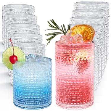 Imagem de Conjunto de 12 copos vintage Hobnail Highball de 340 g e copos de coquetel de 293 ml, copos de vidro em relevo, copos de água transparente, conjunto de copos de bar de cozinha para cerveja, suco