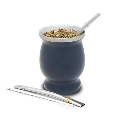 Imagem de Balibetov [NOVO] Conjunto de cabaça de erva mate de aço inoxidável de parede dupla (copo fosco) com Erva Mate Bombilla (palha) (CINZA)