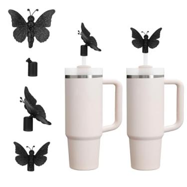 Imagem de Capa de palha de silicone borboleta 3D preta fofa para copo Stanley 30 e 1,134 g com alça, tampas de canudo reutilizáveis à prova de poeira de 10 mm
