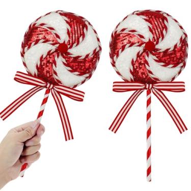 Imagem de 2 peças de enfeites enormes de lantejoulas de veludo, hortelã-pimenta, sprays, glitter, pirulito, doces, palitos de fita listrada, laços de fita para enchimento de árvore de Natal, grinalda