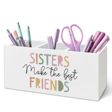 Imagem de TWRVI Suporte de caneta Boho infantil para mesa, decoração de sala de aula boho, decoração de quarto de meninas, suporte de lápis de madeira para irmãs fazem as melhores amigas para meninas gêmeas