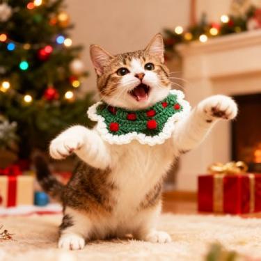 Imagem de Roupas de Natal para gatos e cães, cachecol tricotado para animais de estimação, acessórios de festa de Natal com alças ajustáveis, bandana de Natal, gato, cão, gola, cachecol, cachecóis para fantasia