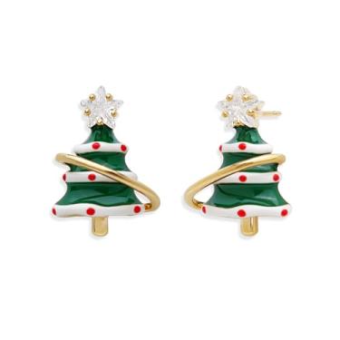 Imagem de Agriajun Brincos de estrela de árvore de Natal verde dourado para mulheres, strass CZ neve pontos vermelhos brincos moda inverno acessórios de Natal joias presente, Latão, Sem pedra preciosa