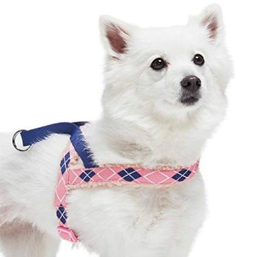 Imagem de Blueberry Pet Arreio para cães macio e confortável Argyle escocês acolchoado de lã Argyle, rosa, circunferência do peito 42 cm – 53 cm, pequeno, ajustável para cães