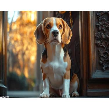 Imagem de Pintura DIY por números em tela, cachorro beagle sentado à porta, esperando, kit de pintura a óleo em tela DIY para adultos para quarto, escritório, arte, decoração, artesanato, 40 x 50 cm