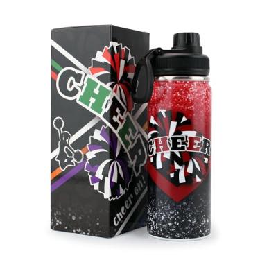 Imagem de BMHHTM Garrafa de água Cheer para meninas 510 g, garrafa esportiva isolada de aço inoxidável com alça, presente de líder de torcida a granel para presentes do time (preto vinco)
