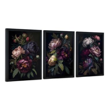 Imagem de ICHZUMW Moody Floral Wall Art Framed, Vintage Peony Wall Art Conjunto de 3, Impressões Florais Dark Academia, Imagens de Flores Góticas para Decoração de Quartos e Sala de Estar, Decoração de Casa