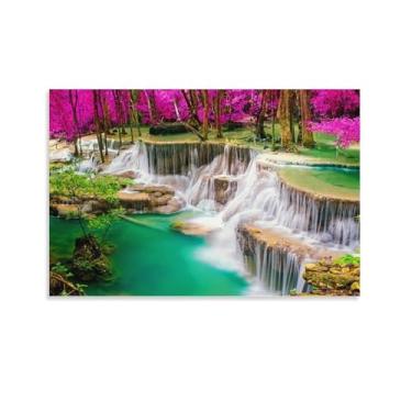 Imagem de Pôster em tela com bela paisagem de cachoeira folha de bordo vermelho para sala de estar quarto 16 x 24 polegadas (40 x 60 cm)