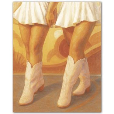 Imagem de Cowgirl Boots Beach Stroll - Pôster de botas de vaqueira - Decoração de parede rosa e azul - Arte de parede estética ocidental para quarto dormitório escritório - Pôster motivacional sem moldura 20 x