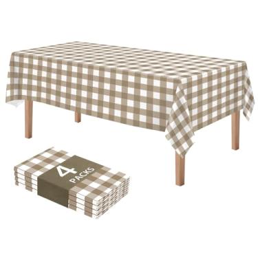 Imagem de DaiUni Pacote com 4 toalhas de mesa xadrez brancas e cáqui – Toalha de mesa xadrez descartável de plástico 137 x 272 cm, capas de mesa de piquenique à prova d'água para festa de aniversário