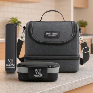 Imagem de Kit Bolsa Térmica C/ 2 Compartimentos + Marmita + Porta Talheres 3 Peças Para Viagem e Armazenamento (Preto)