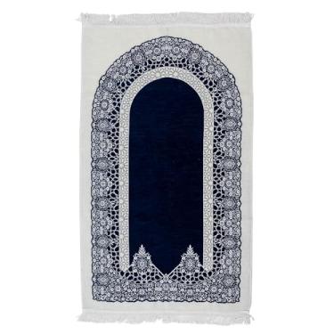 Imagem de East West Souk Tapete de oração islâmica de veludo premium – Design clássico Mihrab | Macio, elegante e adequado para viagens (azul marinho)