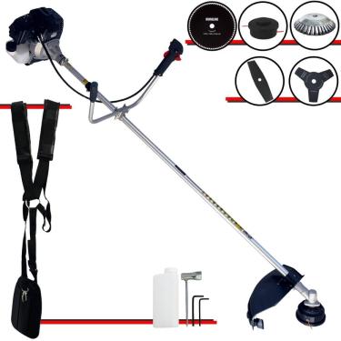 Imagem de Roçadeira À Gasolina Toyama RT43LB25A 43cc 10000rpm 1,7HP 5 Opções de Corte Com Facas 2 Pontas, 3 Pontas, 80 Dentes, Escova de Aço e Carretel de Nylon