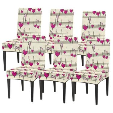 Imagem de hongjinglin Conjunto de 6 capas elásticas para cadeira de sala de jantar, capa protetora de assento de cadeira, notas, música cardíaca, lavável, removível, para cozinha, casa, hotel, banquete, festa