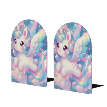 Imagem de Unicórnios brilhantes de desenhos animados grandes suportes de livros de madeira decorativo antiderrapante resistente terminais de livro para mesa de escritório em casa biblioteca de estudo escolar