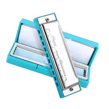 Imagem de Gaita diatônica com 10 furos e 20 tons, chave C, pente de cor azul com capa prata brilhante