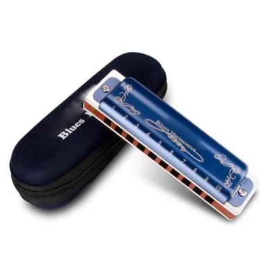 Imagem de Gaita Diatônica Profissional Adultos Amantes de Música C KEY 10 Furos Blues Profissional (Azul)