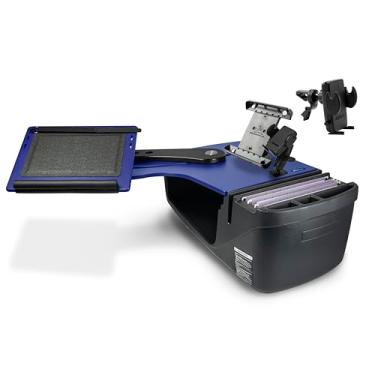 Imagem de AutoExec Alcance o banco traseiro da mesa para a estação de trabalho do seu veículo e escritório móvel, azul, com suporte para telefone, suporte para tablet e clipe de ventilação do telefone