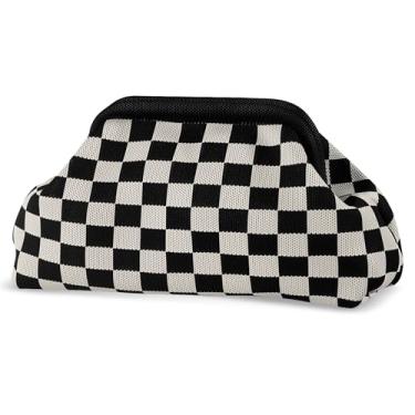 Imagem de bohunono Bolsas clutch de tecido para mulheres, bolsa de praia de verão para férias, bolsa de bolinho listrada de tecido, bolsa de crochê para noite, J-bk_bge-quadriculada, Large