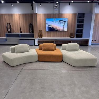 Imagem de Sofá Ilha Sala de Estar 2 Módulos e Chaise Dakota Encosto Almofadas Soltas Bouclê Rústico Greige/Terracota G33 - Gran Belo