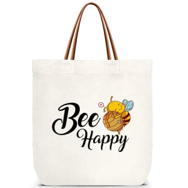 Imagem de ZEDEV Sacola Bee Happy para meninas adolescentes, bolsas de ombro reutilizáveis de lona para viagens, trabalho, compras, academia, bolsa de aniversário inspiradora, presentes para mulheres