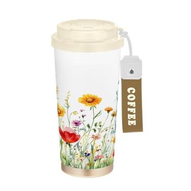 Imagem de SEHANY Caneca de viagem colorida de ervas silvestres de 500 ml Copos de café reutilizáveis revestidos de cerâmica com tampa à prova de vazamento, parede dupla, isolamento a vácuo, copo de café de aço