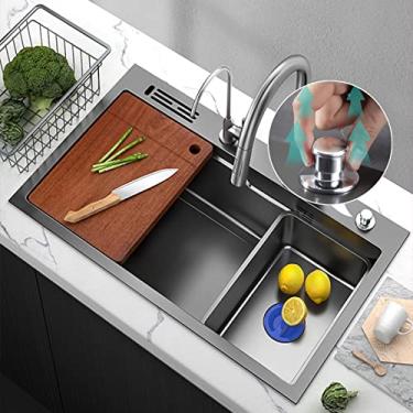 Imagem de HGTRH Evier Cuisine 1 Bac INOX Brossé, Evier Cuisine INOX 1 Bac Avec Egouttoir, Evier Sous Plan Granit Noir, éVier de Cuisine D'Angle Pour Laver La Vaisselle, anti-reflexo, 68 x 35 BR