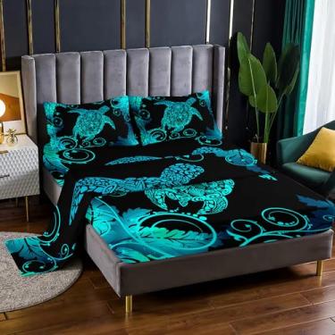 Imagem de Nttopship Jogo de cama Queen Tartaruga do Mar Negro, 4 peças, Tartaruga Marinha, com bolsos profundos de 40,6 cm, decoração de quarto, oceano e estrela-do-mar, conjunto de cama com 4 peças (1 elástico