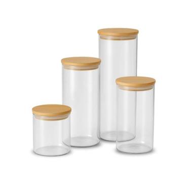 Imagem de Porta Mantimento De Vidro Herméticos Kit Com 4 Potes Tampa De Bambu - 