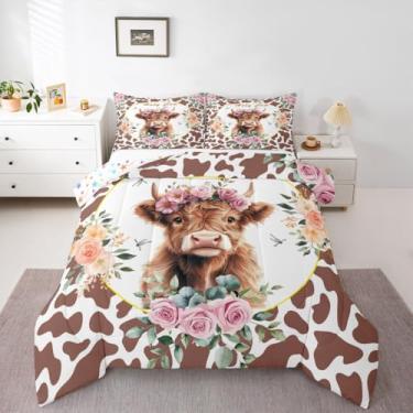 Imagem de jejeloiu Conjunto de edredom fofo de vaca Highland para todas as estações, leopardo, com 1 fronha, estampa floral, estampa floral, tema de fazenda, zoológico, jardim, edredom